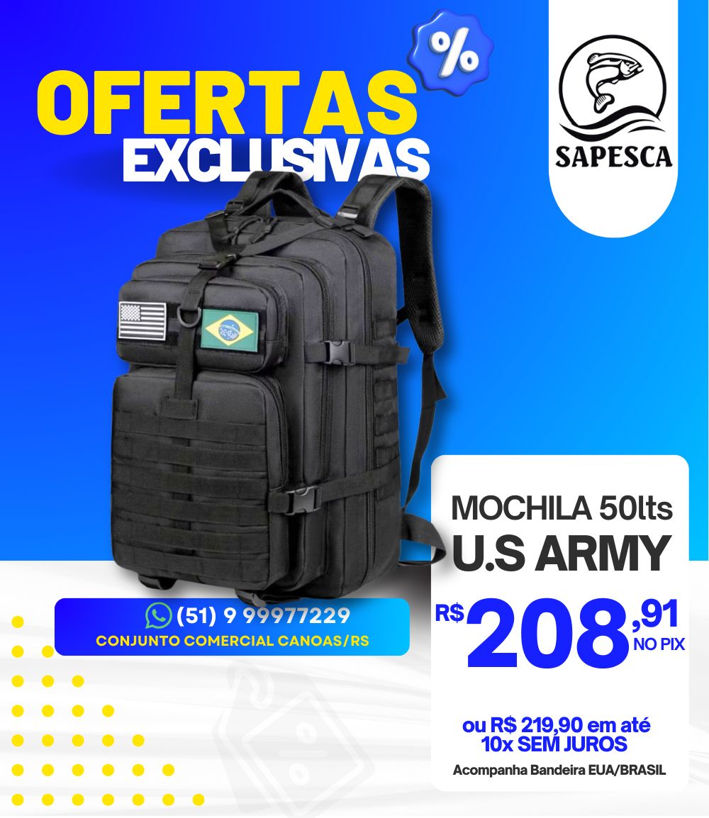 MOCHILA TÁTICA MILITAR US ARMY 50 litros PRETA